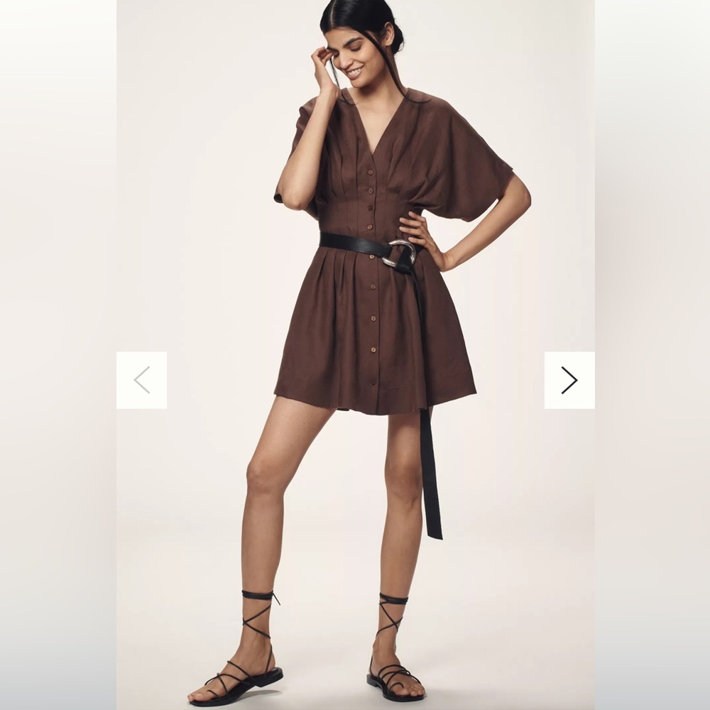 The Tobie Linen Pleated Mini Shirt Dress by Exquise